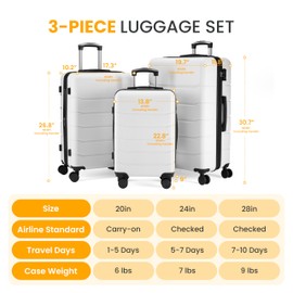 HealSmart Hardside Carry-On Luggage Expandable Portable Hardshell Spinner Wheels, Lightweight Suitcase TSA Lock, White, 20 inch