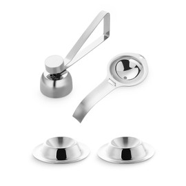 DOCBLACK Stainless Steel Egg Cracker Topper Set with Egg Separator and 2 Egg Tray Holder, Egg Cracker Tool for Breakfast Kitchen Gadgets, Egg Opener Eggshell Cutter Kitchen Remover Tool -Silver