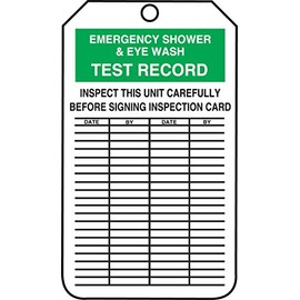 Accuform MGT313PTP RP-Plastic Jumbo Tag, Legend "Emergency Shower and Eye WASH Test Record", 8-1/2" Length x 3-7/8" Width x 0.015" Thickness, Green/Black on White (Pack of 25)