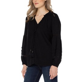 Liverpool Womens Long Sleeve Popover Shirred Blouse Black L