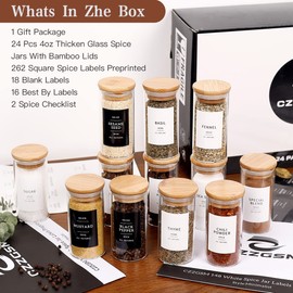 CZZGSM 24 Pcs Glass Jars With 296 Spice Labels Preprinted of White and Black Color- 4oz Thicken(2.4mm) Empty Small Herb Seasoning Containers With Bamboo Airtight Lids