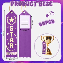 Tingjoo 50 Pcs Star Performer Award Ribbons 8 x 2 Inches Achievement Ribbons Bulk with Event Card and Rope Participation Award Prize for Competitions Classroom Activities Sports Event Employee