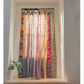 RAJBHOOMI HANDICRAFTS Indian Old Sari White Color Curtain Door Drape Window Decor Silk Sari Hippie Recycle Curtains, 210 x 105 cm (Multi Color)