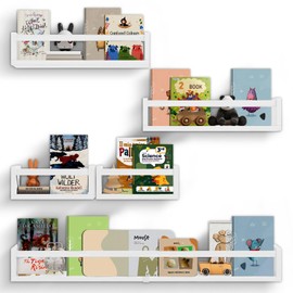 YLT WAX Nursery Floating Book Shelves 1 Pack 32" & 2 Pack 10" & 2 Pack 16.5", Set of 5 Wall Mounted Bookshelf for Kids Bedroom, Hanging Bookshelves for Wall, Nursery Decor, White Pine Wood Book Shelf