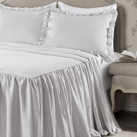 Lush Decor Ticking Stripe Bedspread Gray Vintage Chic Farmhouse Style Lightweight 3 Piece Set, Full