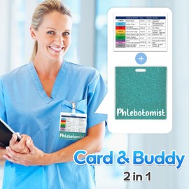 Plifal Phlebotomist Badge Buddy with Order of Blood Draw Reference Card - Phlebotomy Nurse Essentials Accessories for Hospital, Green Horizontal ID Name Tag with Flash Card Cheat Sheet