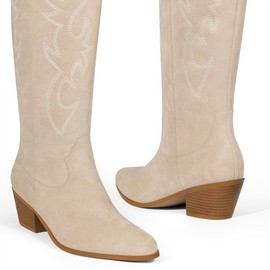 Cowboy Boots for Women Knee High Cowgirl Boots Chunky Heel Pointed Toe Long Tall Western Tan Boot Pull On (Beige, Size 8)