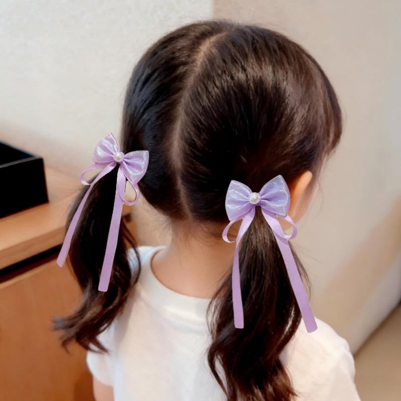 【2 個セット】子供用 蝶々リボン ヘアゴム パープル 可愛い サテンリボン キッズ ヘアアクセサリー 滑り止め