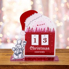 Christmas Countdown Calendar, Red Xmas Hat Advent Calendar Sign Tabletop with Acrylic Number Date Plate & Snowman Ornament Christmas Home Decor Indoor Holiday Gift