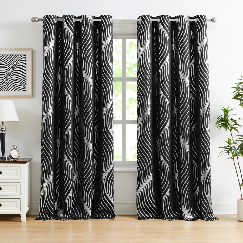 Xwincel 100% Blackout Curtains Black and Silver Foil Pattern Curtains