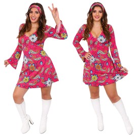 60S FANCY DRESS COSTUMES FOR WOMEN. 70S FANCY DRESS FOR WOMEN. RETRO GOGO DRESS. HIPPY COSTUME. FLOWER POWER HIPPIE DRESS & HIPPY HEADBAND 60S & 70S DRESS UP. SIZE: XX-LARGE