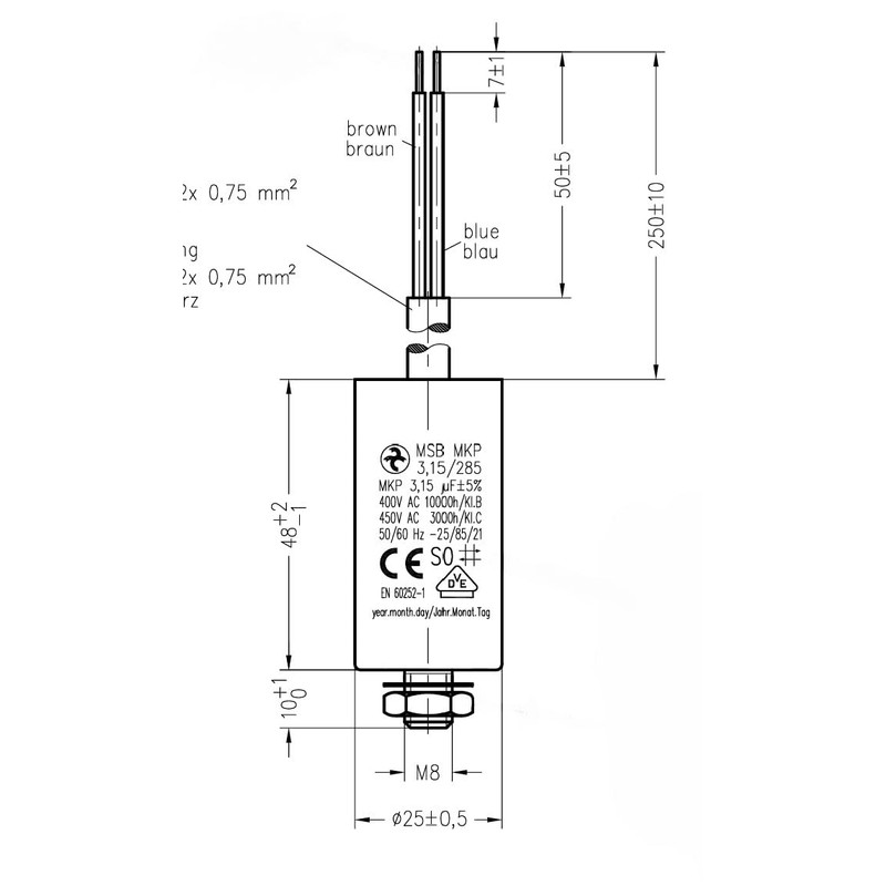 Permanent Capacitor 3.15µF 450V AC Cable 250 mm Attachment M8