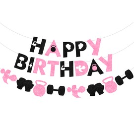 Cheereveal Pink Black Gym Birthday Party Decorations, Glitter Happy Birthday Banner and Weight Lifting Garlands, Fitness Weightlifting Sports Theme Birthday Baby Shower Party Supplies