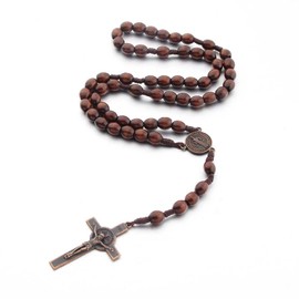 TINAYAUE Christians Prayer Wooden Catholic Rosary Necklace with Saint Benedict Medal & Jesus Cross Pendant Handmade Smooth Wood Beads Religious Chain with Pouch for Men Women Communion, Baptism