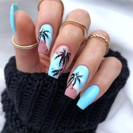 Summer Press on Nails Medium Coffin Fake Nails with Pink Beach Coconut Tree Design Glue on Nails Blue Full Cover Nails Press ons Glossy False Nails Artificial Stick on Nails for Women Girls 24Pcs