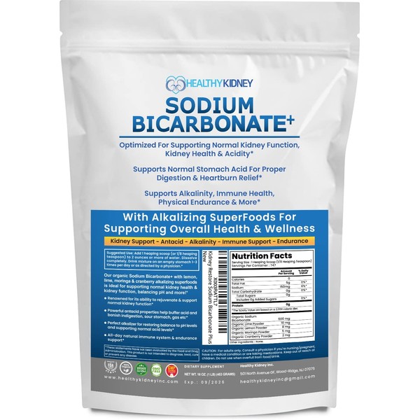 Organic Sodium Bicarbonate Alkaline Supplement for Alkalinity. Support Kidneys & Stomach Acid Neutralizer with Alkaline Superfoods. Sodium Bicarbonate Powder Kidney Immune Antacid Sports 1.5 LB.