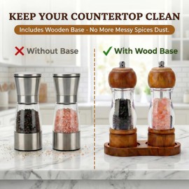Dzmbv Salt and Pepper Grinder Set Wood and Acrylic - 6.3 Inch Oak Pepper Mill with Visible Window & Storage Tray - Adjustable Coarseness Ceramic Rotor, Manual Spice Grinders for Kitchen Table