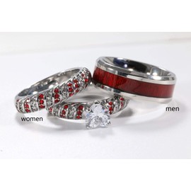 ringheart 2 Rings Couple Rings White Gold Filled Heart Cut Cz Red Rhinestone Womens Wedding Ring Sets Stainless Steel Man Ring Band, Crystal Metal rhinestone stone, Cubic Zirconia