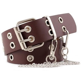YCMI Punk Rock Double Grommet PU Leather Belt With Chain for Women & Men, Brown, One Size