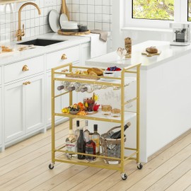 3 Tier Bar Cart, Home Bar Serving Cart with Wheels, Small Rolling Beverage Cart with Glass Holders, Mini Drink Cart with Wine Rack for Kitchen Dining Living Room Gold GBC507G