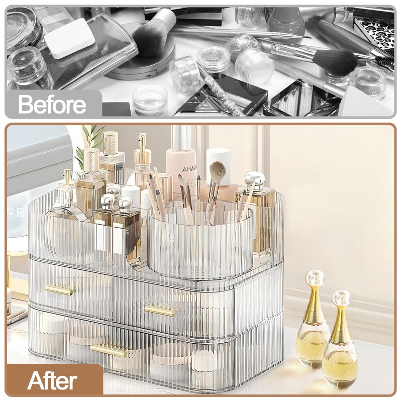 DASITON Makeup Organizer with Drawers and Rotating Makeup Brush Holder,Large