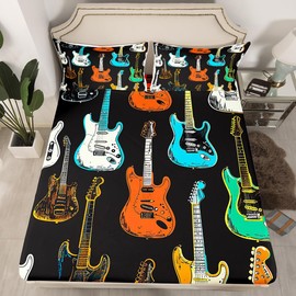 Castle Fairy Colorful Guitar Sheet Full Size Musical Instruments Bedding Set Rock Bass Music Lover Kids Teens Audlts Sketch Style Guitar Fashion Bed Sheet Set 4pcs(Fitted + Flat + 2 Pillowcases)
