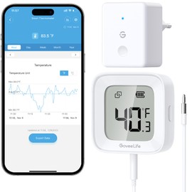 GoveeLife WLAN Fridge Thermometer Digital with Alarm, Wireless Wireless Freezer Thermometer with App, LCD Display, 2 Year Data Export, for Fridges, Freezers, Aquarium