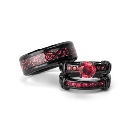 Couple Ring Bridal Set His Hers Black Gold Plated Red Ruby CZ Stainless Steel Wedding Ring Band