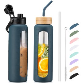 Kodrine Glass Water Bottles 32 oz Water Bottle with Straw, Sports Water Bottle with Handle, Clear Water Bottle with 2 lids Bamboo Lid and Spout Lid, Wide Mouth Water Bottle with Sleeve, Navy Blue