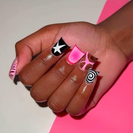 Ombre Pink Press on Nails Medium Duck False Nails with White Star Design Vortex Swirl Fake Nails Glossy Zebra French Tips Glue on Nails Summer Stick on Nails for Women Manicure 24Pcs