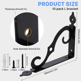 Tivcck 10 Pack Decorative Shelf Brackets,7.4Inch Wall Mounted L Shape Shelf Bracket,Heavy Duty Shelf Brackets for Shelves,Metal Corner Brace Right Angle Bracket Shelf Support with Screws,Black