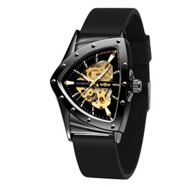 DAXIAOYU Triangle Skeleton Automatic Watch for Men Gold Sports Mechanical Watches Luxury Rubber Strap Luminous (Black Gold)