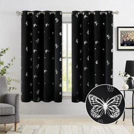 Jubilantex Black Metallic Silver Butterfly Blackout Curtains 54" Long for Small Window Girls Bedroom Nursery Window Curtains,Grommet Top 2 Panels