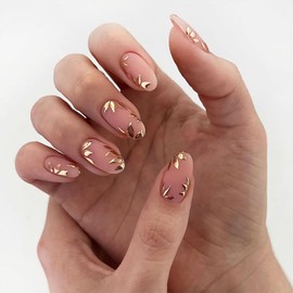 Press on Nails Short Length Almond Shaped Artificial Acrylic Fingernails Gold Leaves Design Fake Nail Full Cover Glossy Reusable Coffin False Nail Glue on Nails for Women 24Pcs