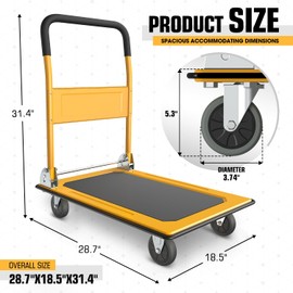 DNA MOTORING 440lbs Capacity Platform Hand Truck, 360 Degree Swivel Wheels Foldable Push Cart Dolly, Heavy Duty Folding Push Cart for Home, Workshop, Office, Warehouse, Yellow, TOOLS-00752