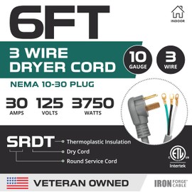 3 Prong Dryer Cord - 6 Ft Extension Power Cord, 10/3 SRDT, 30 Amp, NEMA 10-30 Plug, Gray