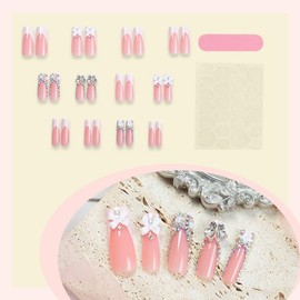 QQPPOLIU Press on Nails for Women, Square Press on Nals Long with Rhinestones Design French Nails Glue on Nails Acrylic Nails White French Tip Glue on Nails 24pcs