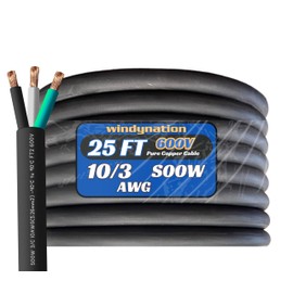 WindyNation 25 Feet 10/3 10 AWG SOOW SO Cable Cord Wire - 10 Gauge 3 Conductor 600V Portable Power Extension Cord Cable for EV Chargers, Motor Leads, Portable Lights, and Battery Chargers