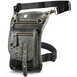 Le'aokuu Mens Genuine Leather Messenger Travel Outdoor Hip Bum Fanny Belt Waist Pack Drop Leg Thigh Bag 2141 (2141 Grey)