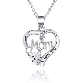 UEUC I LOVE YOU Mom Birth Stones Necklace, Silver Love Heart Pendant Necklace for Mom, Necklace Gift for Mother with 18''+2'' Chain(#15 White)