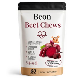 Beon Beet Chews, Beon Beetroot Chews Gummies with Grape Seed & L-CoQ10 for Calm Mood, Free Vegan, 60 Chew