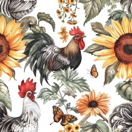 PODUFF Rooster Farmhouse Wallpaper Peel and Stick, Sunflowers and Butterflies Wallpaper for Home Decor, Colorful/Yellow/Green, 17.7in x 236in