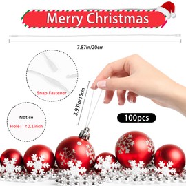 Christmas Ornament Hangers String, 100 Pcs PreCut Ornament Hook for Christmas Trees, Ornament String White, Safe Ornament Ribbon Hangers for Xmas Holiday Party Hanging Decorations with Snap Fastener