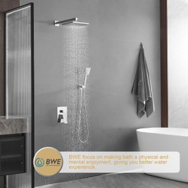 BWE Chrome Shower Faucet Set,Rainfall Shower Head with Handheld Shower,Two Functions Bathroom Luxury Shower Combo Set,Wall Mounted Shower System with Brass Rough-in Valve and Trim Kit