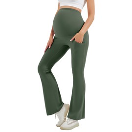 HEGALY Women's Maternity Flare Leggings Over The Belly - Casual Pregnancy Yoga Pants with Pockets Buttery Soft Olive Green