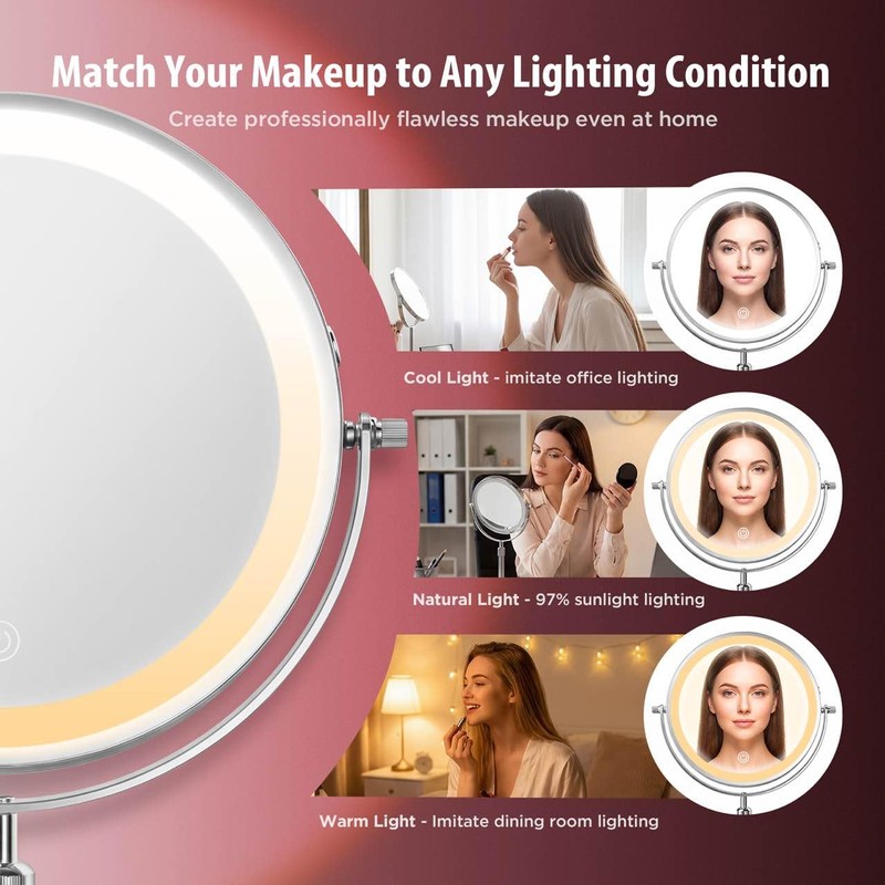 9 Inch Double-Sided Makeup Mirror, 1X/30X, 3 LED Lights, 5000mAh
