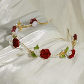 BYETOCE Red Rose Metal Hair Wreath Pearl Floral Flower Crown Headpiece Dainty Forest Style Headband Artificial Roses Hair Accessories for Girl and Flower Girls Bridal Wedding Party Photos
