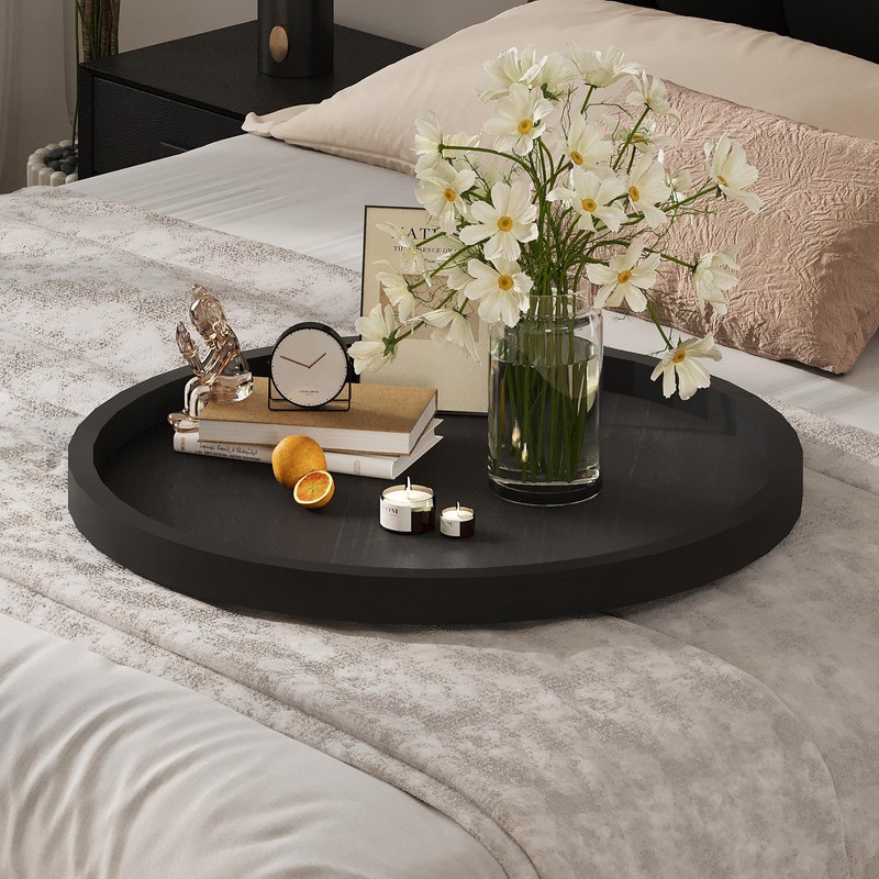 Round Ottoman Tray for Coffee Table Living Room Wood Serving