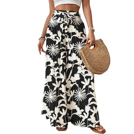 Bsubseach Wide Leg Pants Woman Flowy Floral Palazzo Pants for Women High Waisted Summer Casual Trousers Cruise Outfits Black Printed S