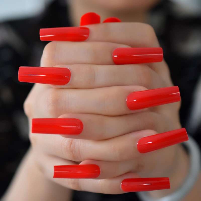 Bright Red Solid Color Press On Nails Extra Long Square